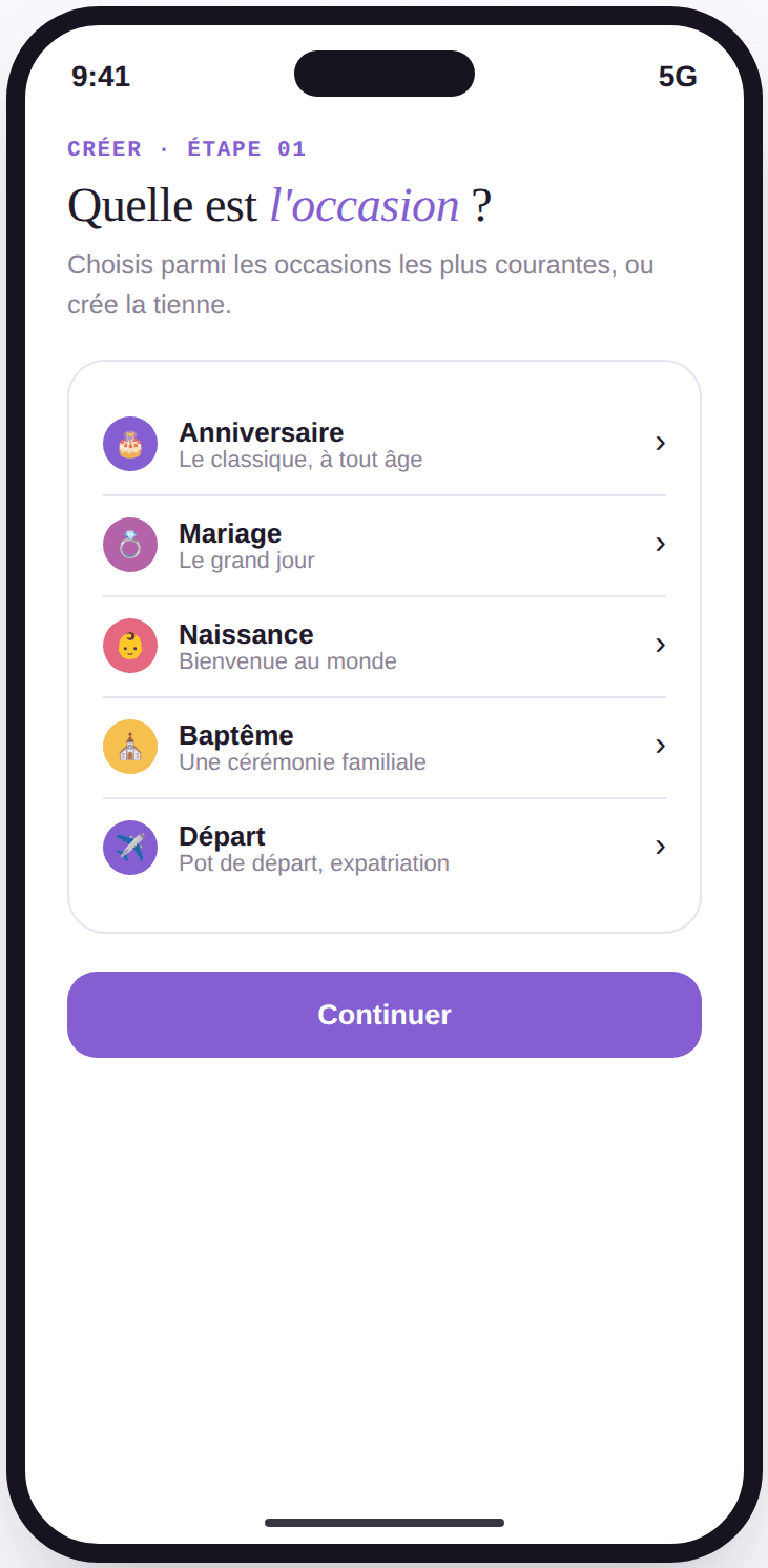 Écran Vivory listant les occasions disponibles : anniversaire, mariage, naissance, baptême, départ.