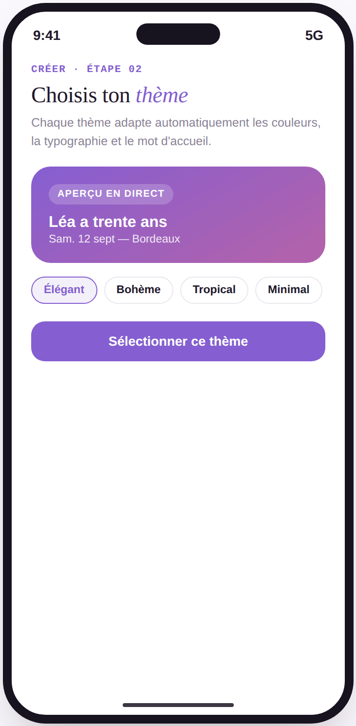 Écran Vivory de sélection de thème avec aperçu en direct de la carte d'invitation et une liste de styles.