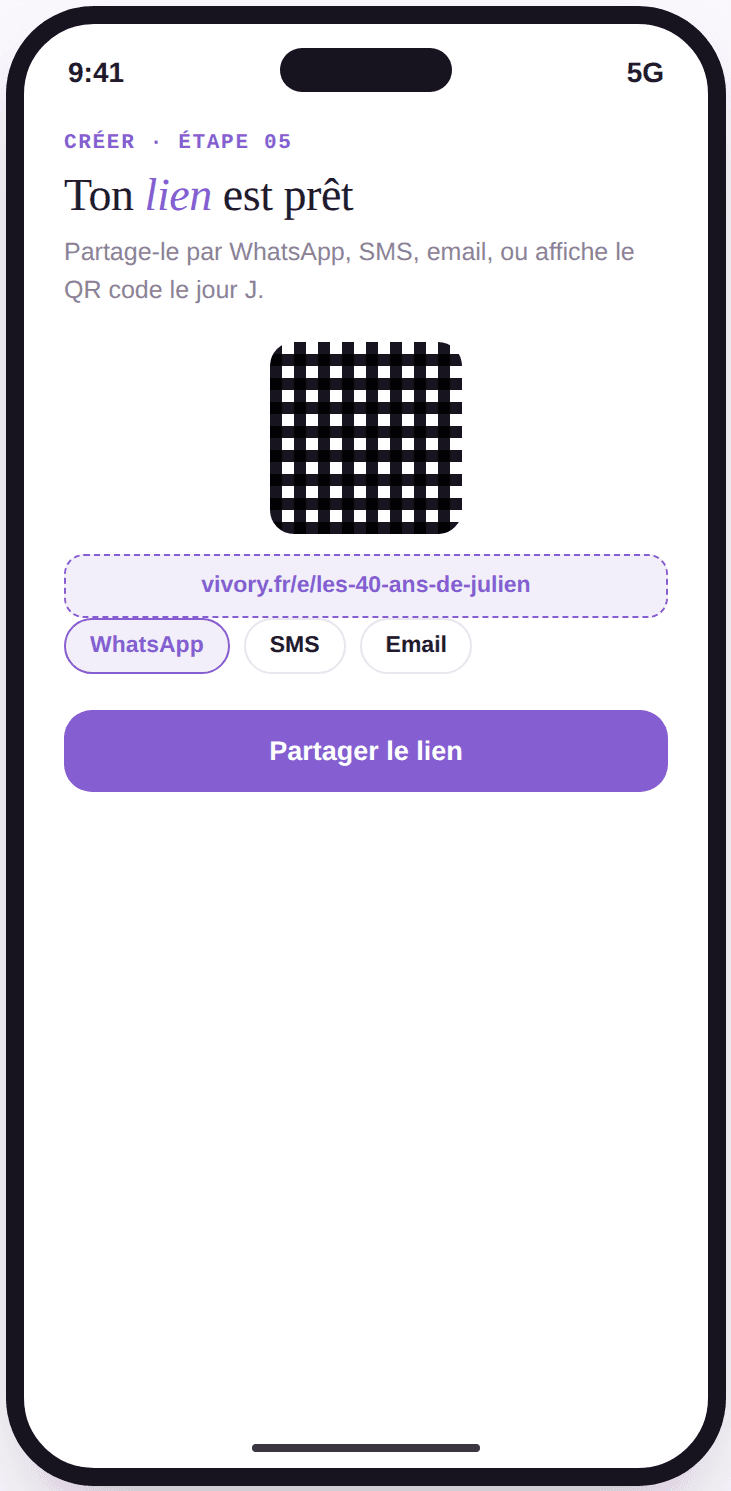 Écran Vivory affichant le lien unique de l'événement et son QR code, prêts à partager.