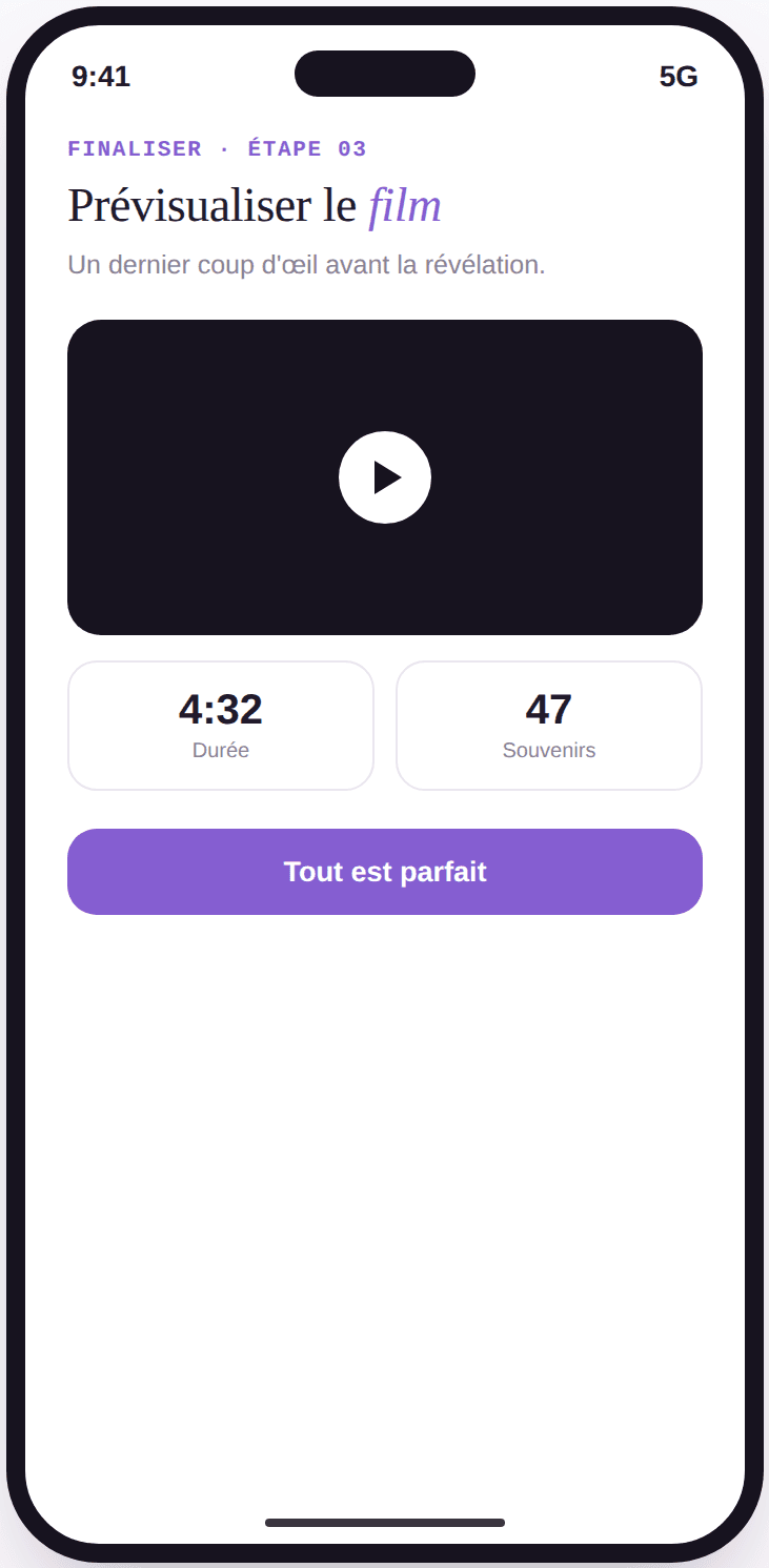 Écran Vivory de prévisualisation du film avec lecteur vidéo et durée totale.