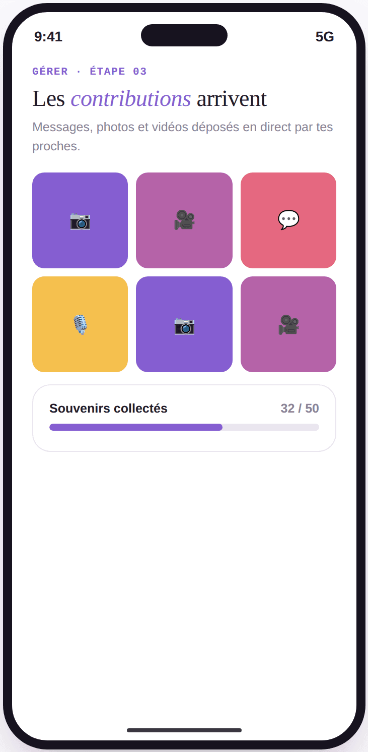 Écran Vivory listant les contributions reçues : photos, vidéos, messages et notes vocales.