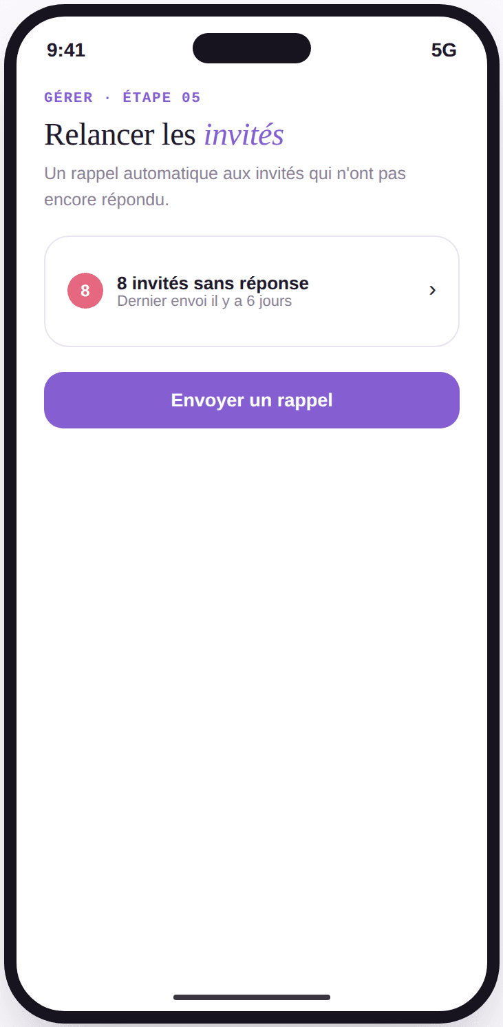 Écran Vivory de relance des invités n'ayant pas encore répondu à l'invitation.